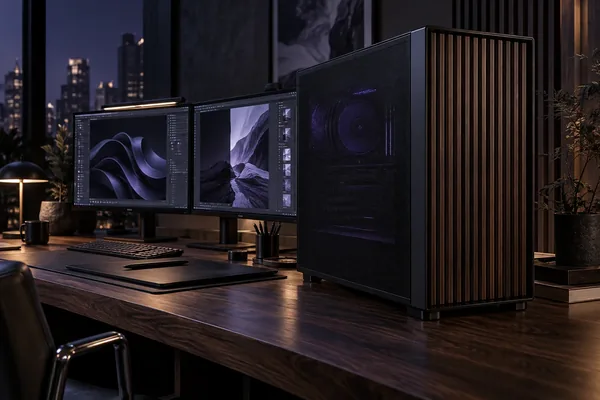 Concept render of dark AETHER5 creator workstation on a studio desk